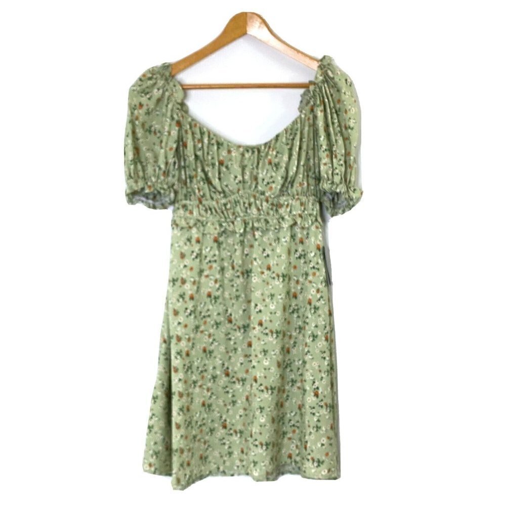 ASTR the Label Dress Womens size Large Puff Sleeve Lined Above Knee Green Floral